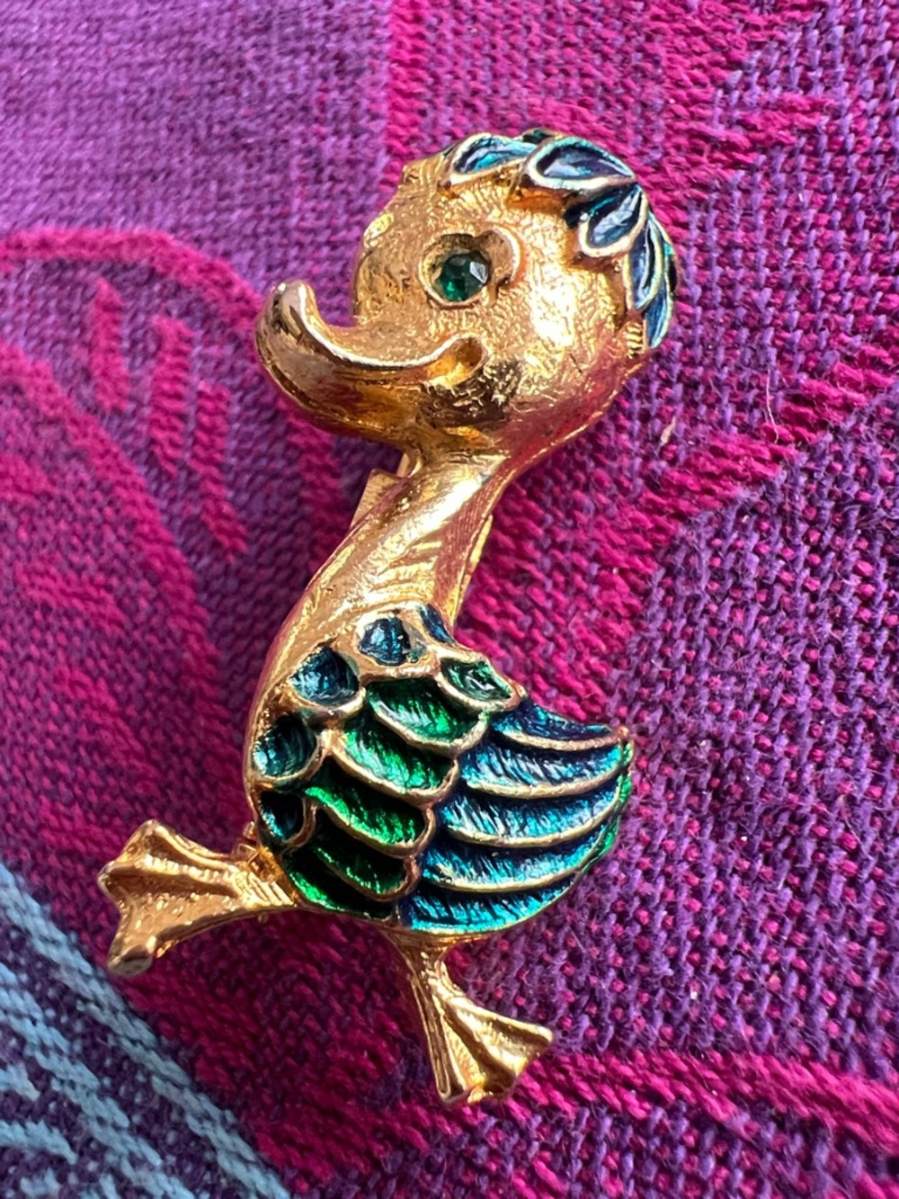 DAG SPAIN Gold-Tone Duck Brooch with Blue and Green Enamel Accents